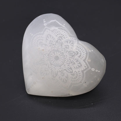 Selenite Heart (7–8 cm) — Mandala Engraved Moonlight