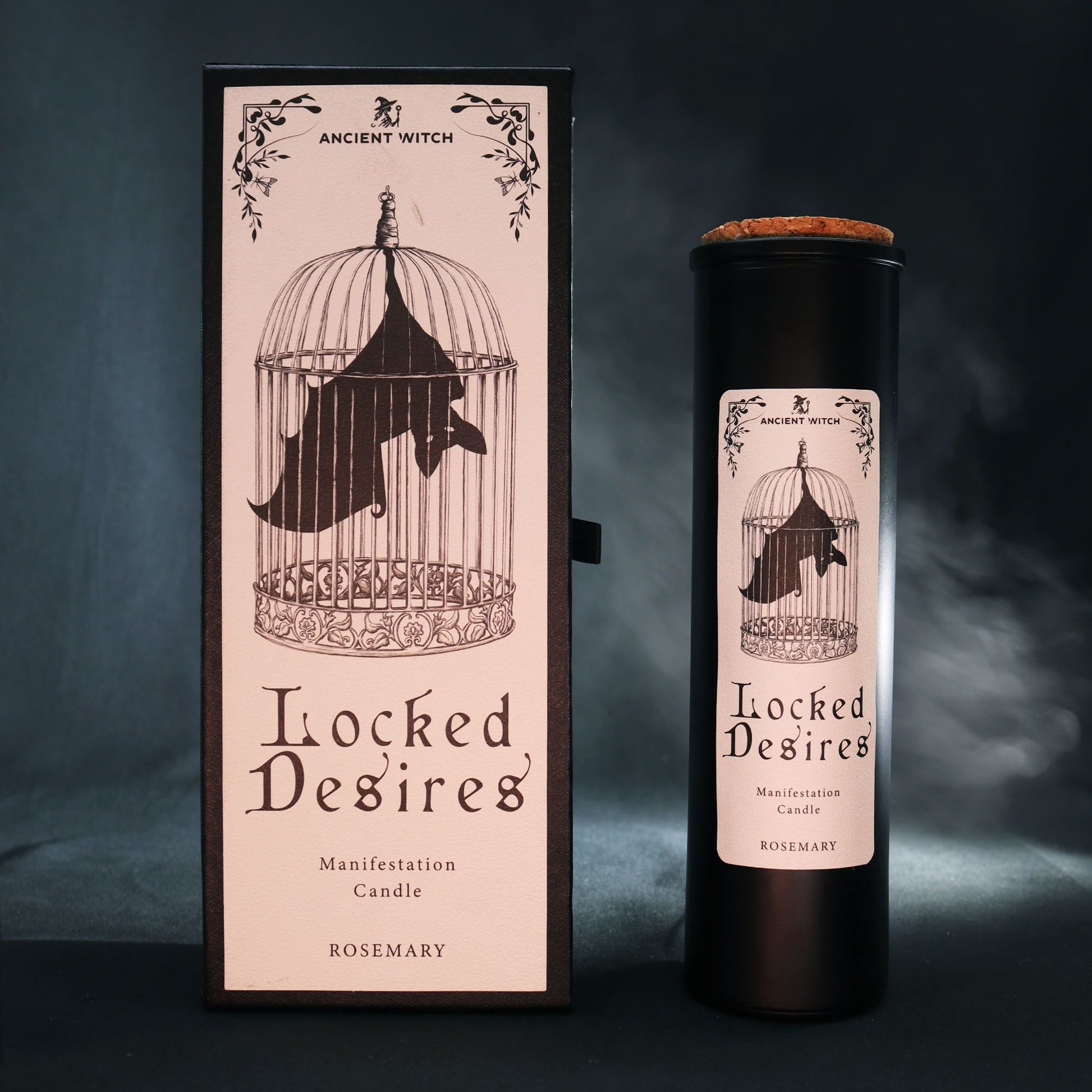 Manifestation candle labeled 'Locked Desires' with packaging on a dark background