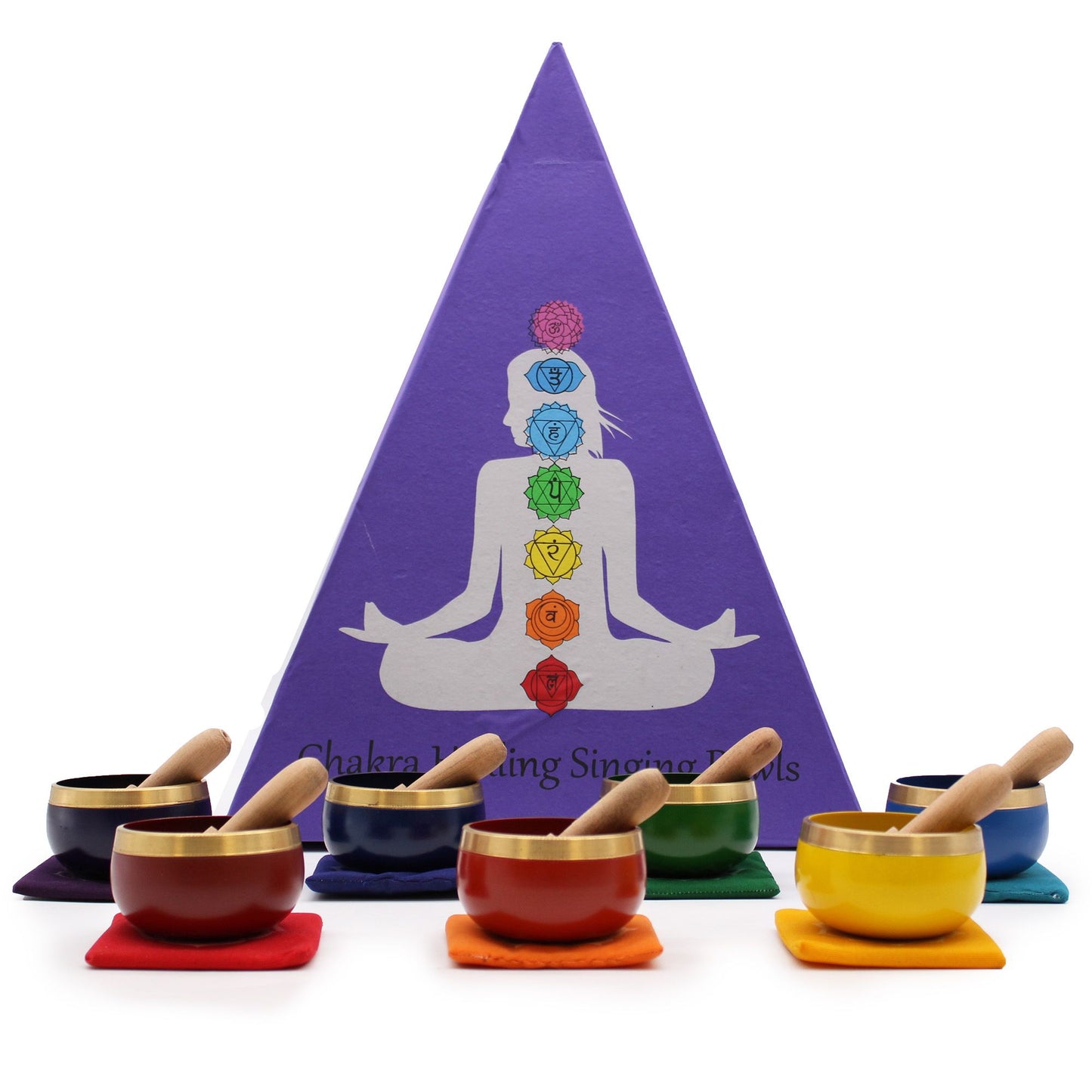 Set of chakra singing bowls with corresponding colors and a purple pyramid with chakra symbols on a white background.