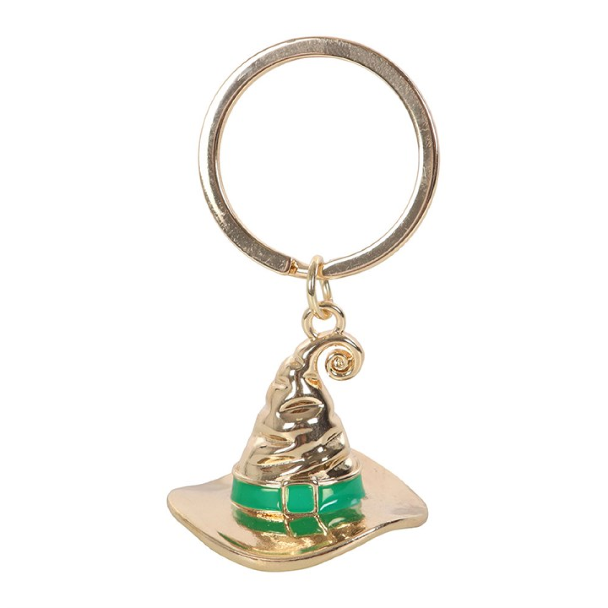 Gold-tone witch hat keyring with green enamel band on a split ring, presented in a “Bad Witch Social Club” gift box.