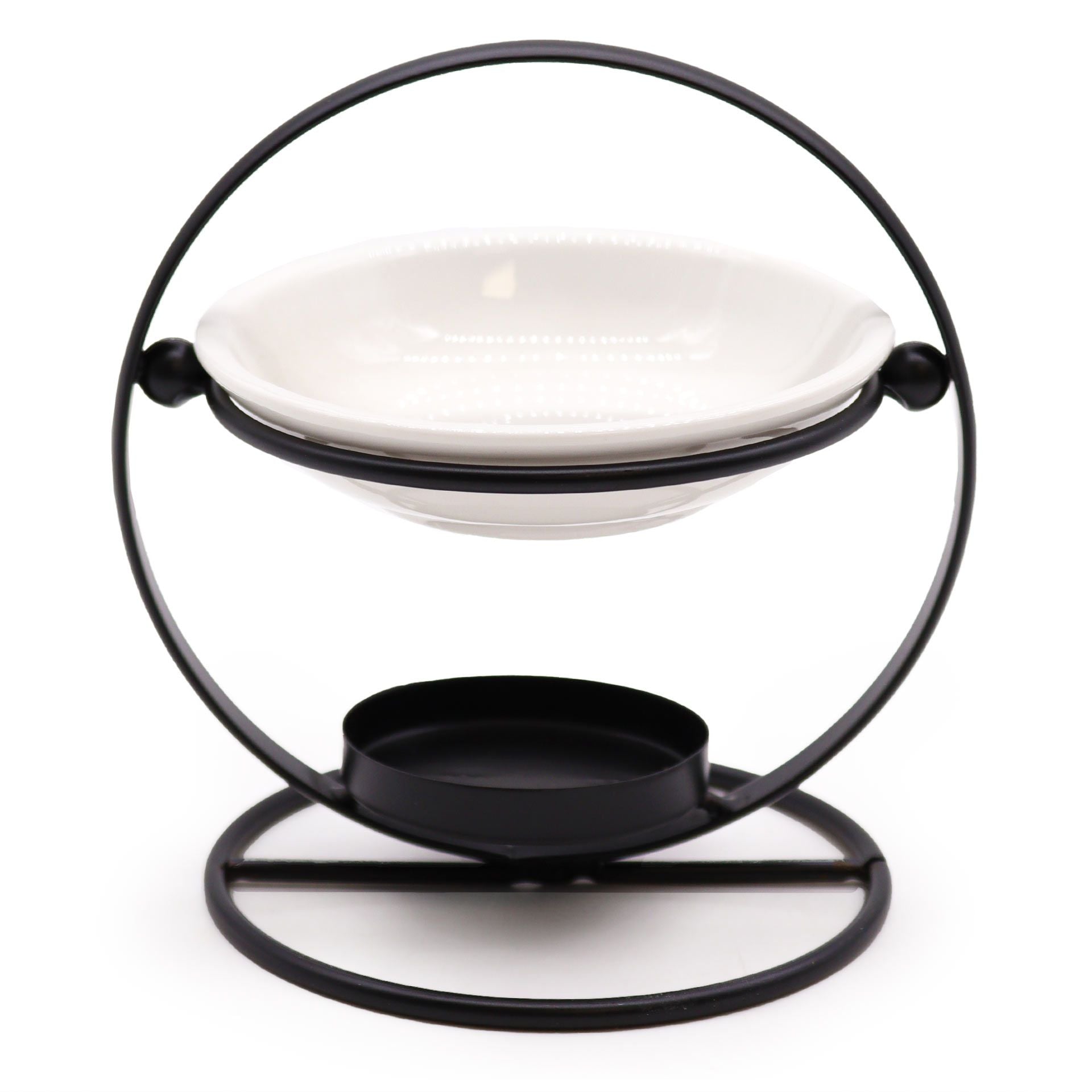 Front studio shot of round stand oil burner showing white ceramic dish suspended in a black metal ring with tealight tray.
