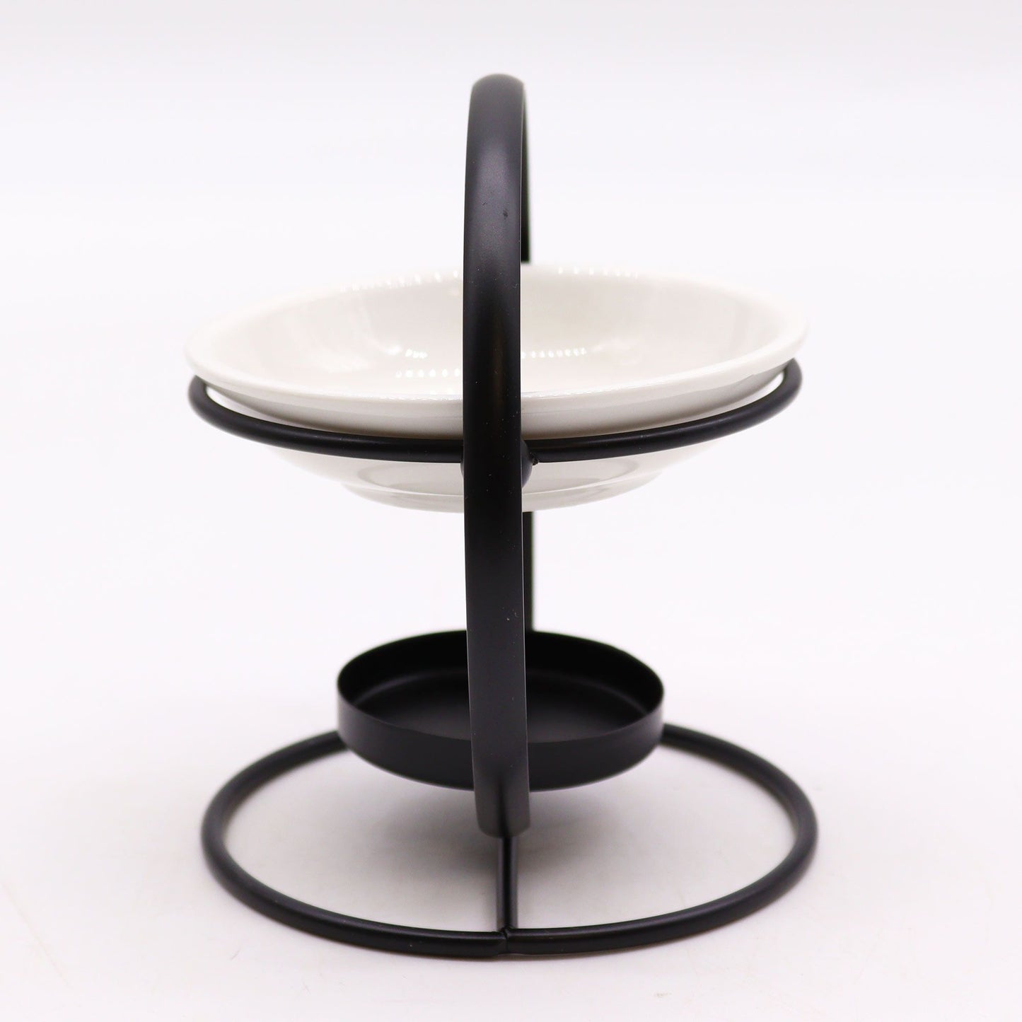 Side view of ceramic & metal round stand oil burner highlighting the circular frame and removable dish.
