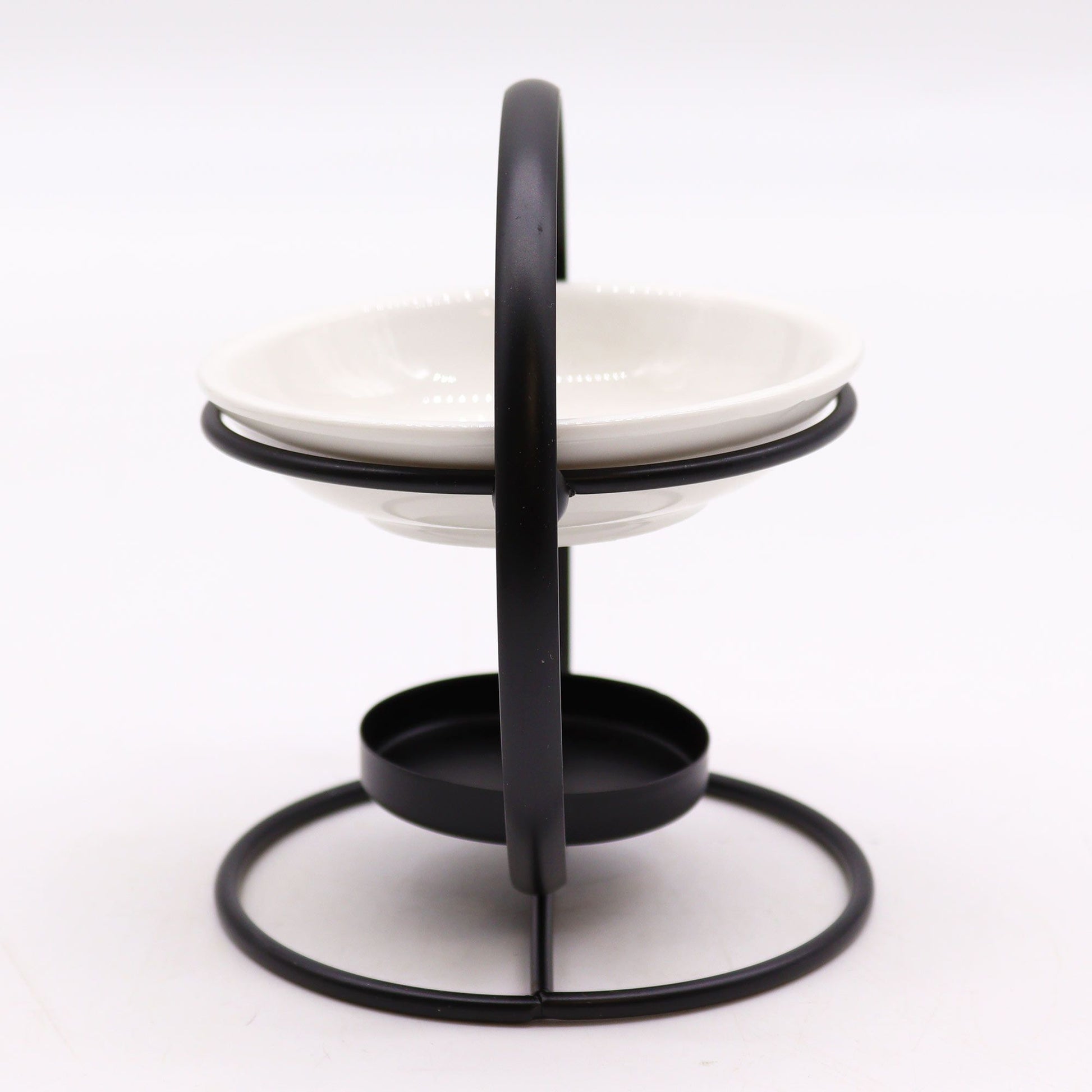 Side view of ceramic & metal round stand oil burner highlighting the circular frame and removable dish.