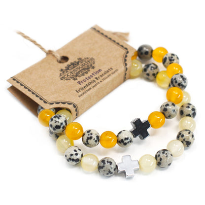 Two gemstone friendship bracelets with kraft presentation tag reading ‘Protection’.