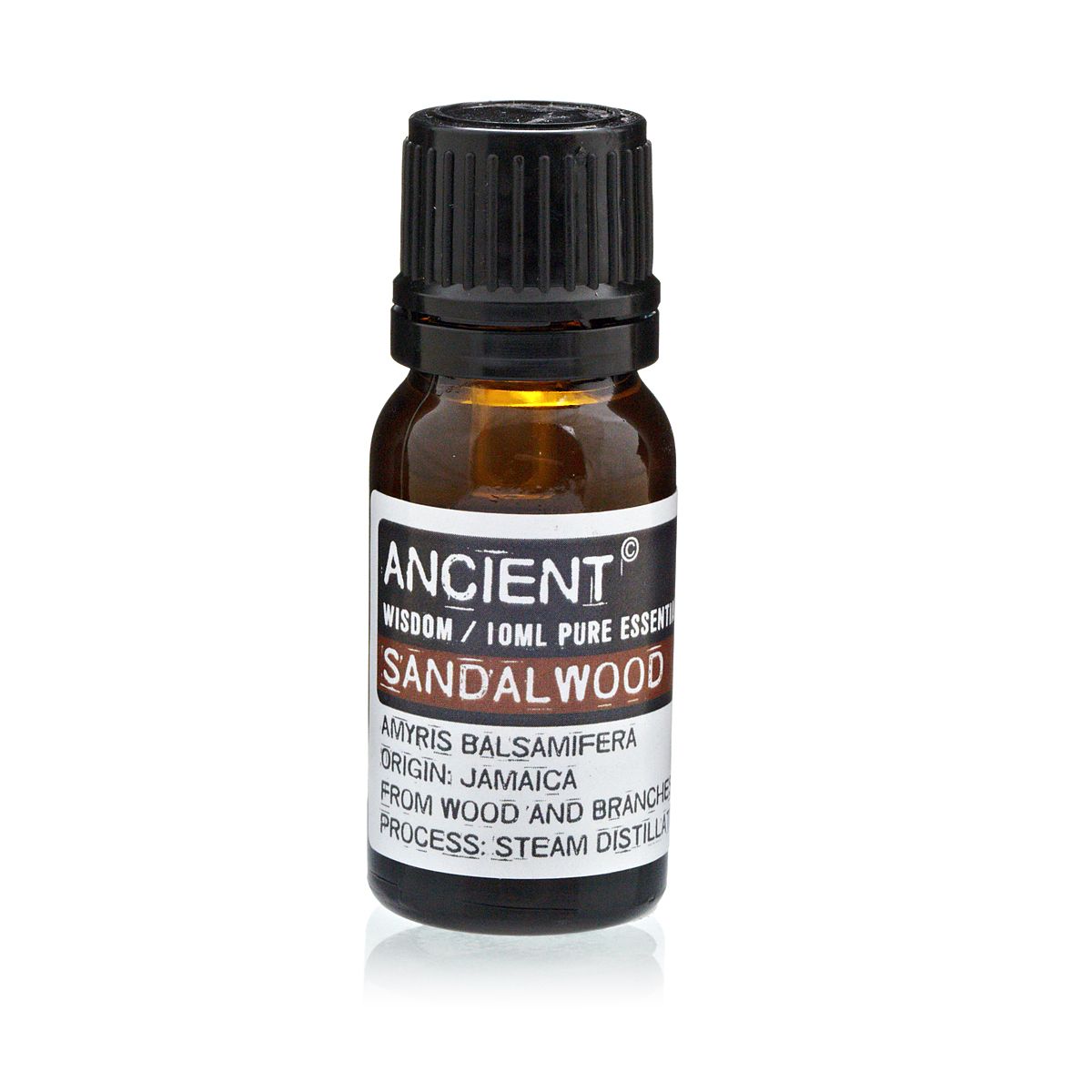 Amber 10 ml bottle labelled ‘Sandalwood—pure essential oil’; steam-distilled amyris from Caribbean wood and branches with a creamy, sandalwood-like aroma for calming blends.