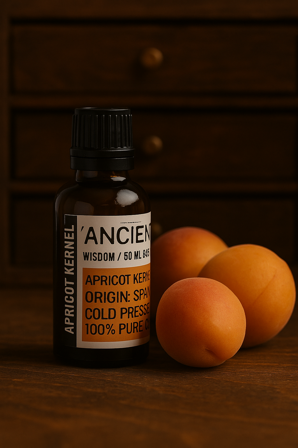 Amber glass bottle with black cap labelled ‘Apricot Kernel—cold-pressed’; a clear, pale-yellow, nearly odourless Prunus armeniaca kernel oil from Spain with a very fast-absorbing, satin finish for face and body blends.