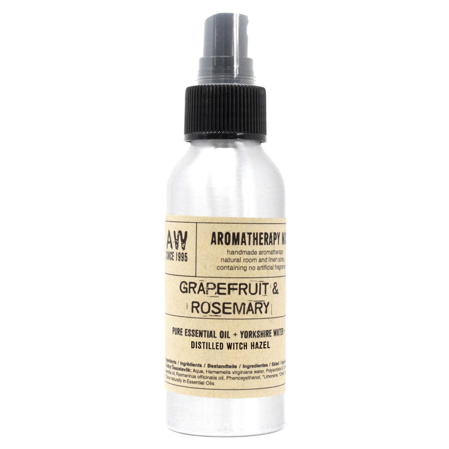 Brushed-aluminium spray bottle with black atomiser labelled ‘Aromatherapy Mist—Grapefruit & Rosemary’; a natural room and linen spray made with Yorkshire water, distilled witch hazel, grapefruit peel and rosemary leaf essential oils.
