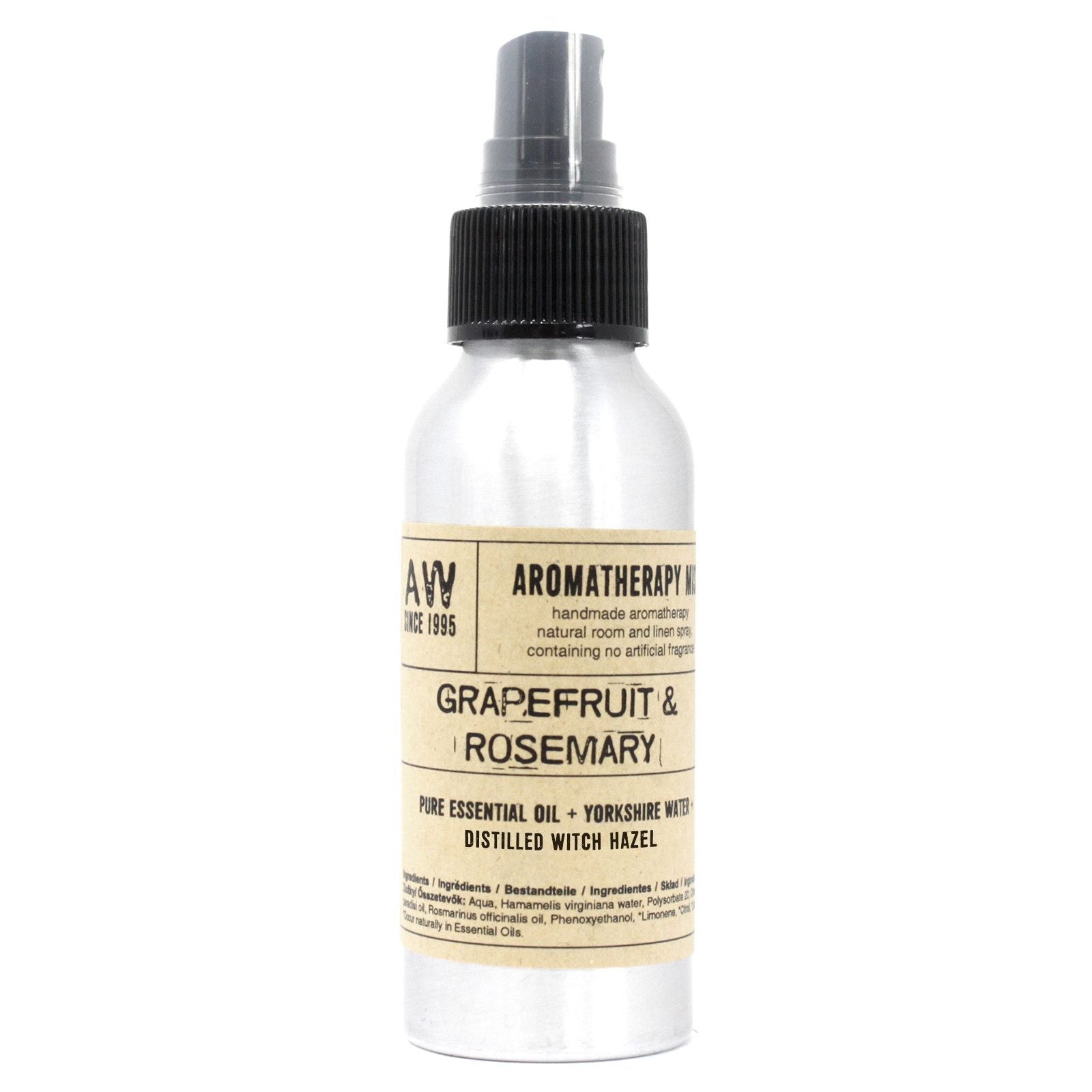 Brushed-aluminium spray bottle with black atomiser labelled ‘Aromatherapy Mist—Grapefruit & Rosemary’; a natural room and linen spray made with Yorkshire water, distilled witch hazel, grapefruit peel and rosemary leaf essential oils.