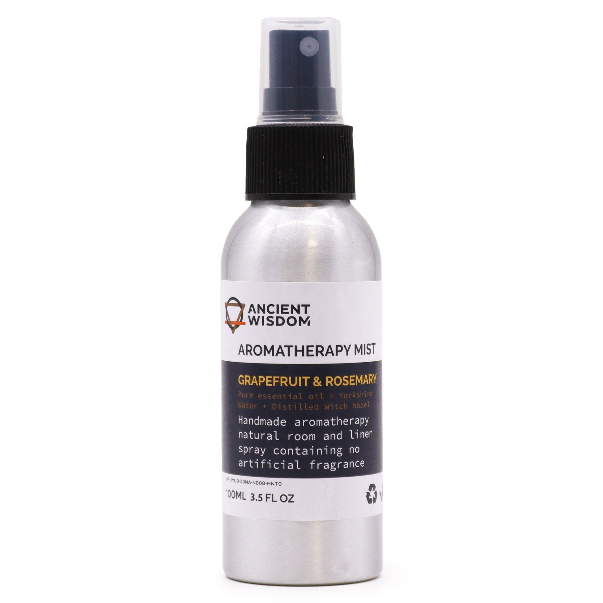 Brushed-aluminium spray bottle with black atomiser labelled ‘Aromatherapy Mist—Grapefruit & Rosemary’; a natural room and linen spray made with Yorkshire water, distilled witch hazel, grapefruit peel and rosemary leaf essential oils.