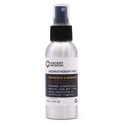 Brushed-aluminium spray bottle with black atomiser labelled ‘Aromatherapy Mist—Grapefruit & Rosemary’; a natural room and linen spray made with Yorkshire water, distilled witch hazel, grapefruit peel and rosemary leaf essential oils.