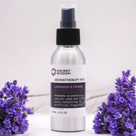 Brushed-aluminium spray bottle with black atomiser labelled ‘Aromatherapy Mist—Lavender & Fennel’; a natural room and linen spray made with Yorkshire water, distilled witch hazel, lavender and fennel essential oils.