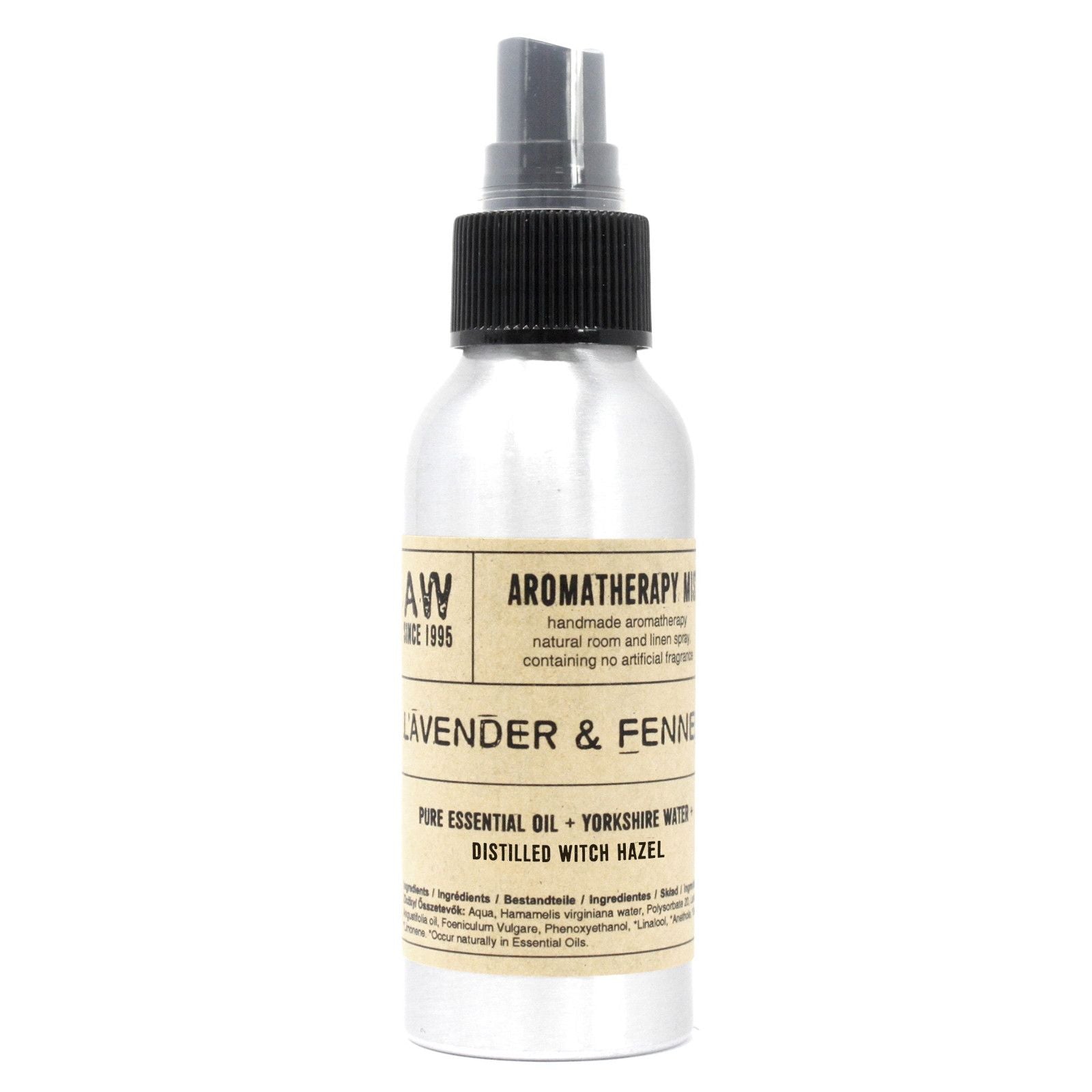 Brushed-aluminium spray bottle with black atomiser labelled ‘Aromatherapy Mist—Lavender & Fennel’; a natural room and linen spray made with Yorkshire water, distilled witch hazel, lavender and fennel essential oils.