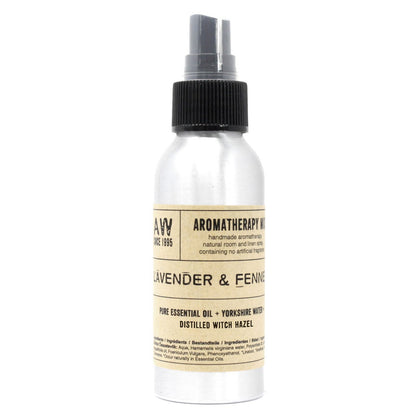 Brushed-aluminium spray bottle with black atomiser labelled ‘Aromatherapy Mist—Lavender & Fennel’; a natural room and linen spray made with Yorkshire water, distilled witch hazel, lavender and fennel essential oils.