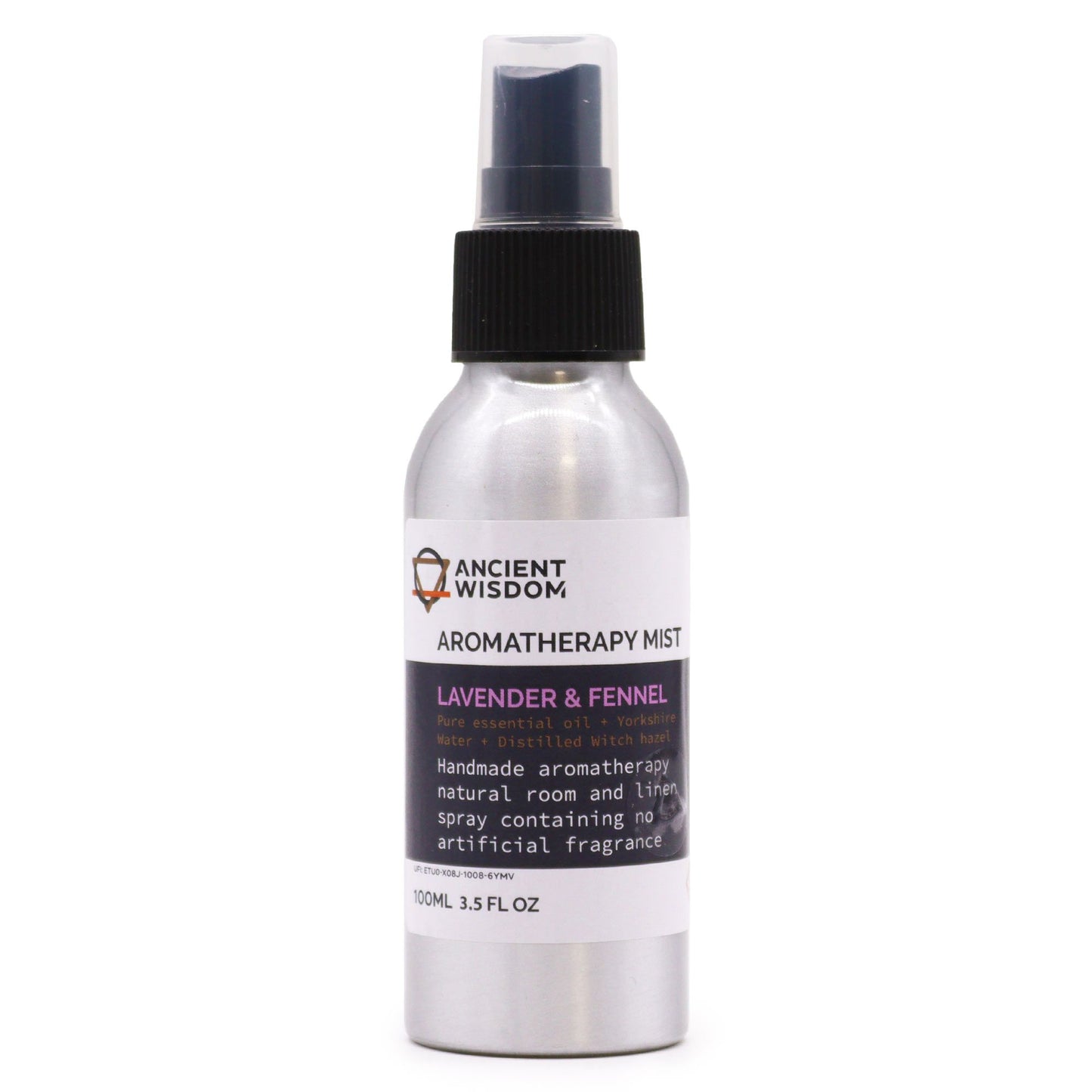 Brushed-aluminium spray bottle with black atomiser labelled ‘Aromatherapy Mist—Lavender & Fennel’; a natural room and linen spray made with Yorkshire water, distilled witch hazel, lavender and fennel essential oils.