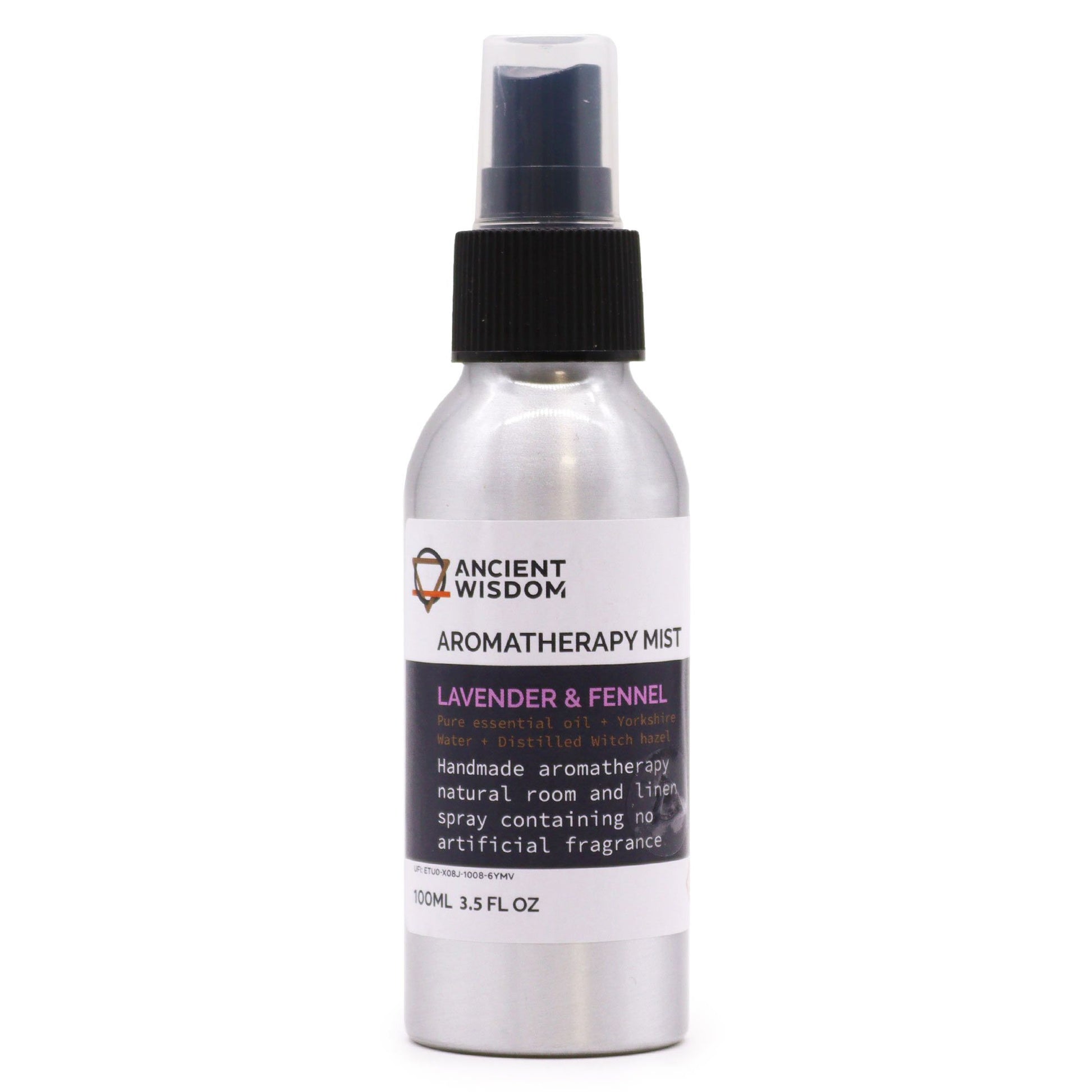 Brushed-aluminium spray bottle with black atomiser labelled ‘Aromatherapy Mist—Lavender & Fennel’; a natural room and linen spray made with Yorkshire water, distilled witch hazel, lavender and fennel essential oils.