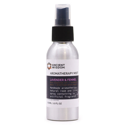 Brushed-aluminium spray bottle with black atomiser labelled ‘Aromatherapy Mist—Lavender & Fennel’; a natural room and linen spray made with Yorkshire water, distilled witch hazel, lavender and fennel essential oils.