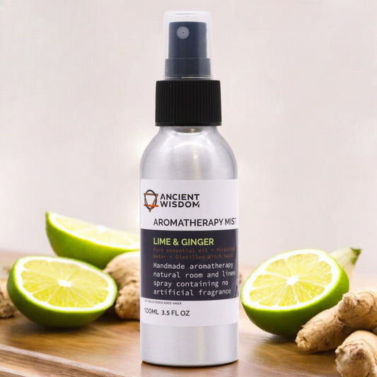 “Brushed-aluminium spray bottle with black atomiser labelled ‘Aromatherapy Mist—Lime & Ginger’; a natural room and linen spray made with Yorkshire water, distilled witch hazel, lime peel and ginger root essential oils.
