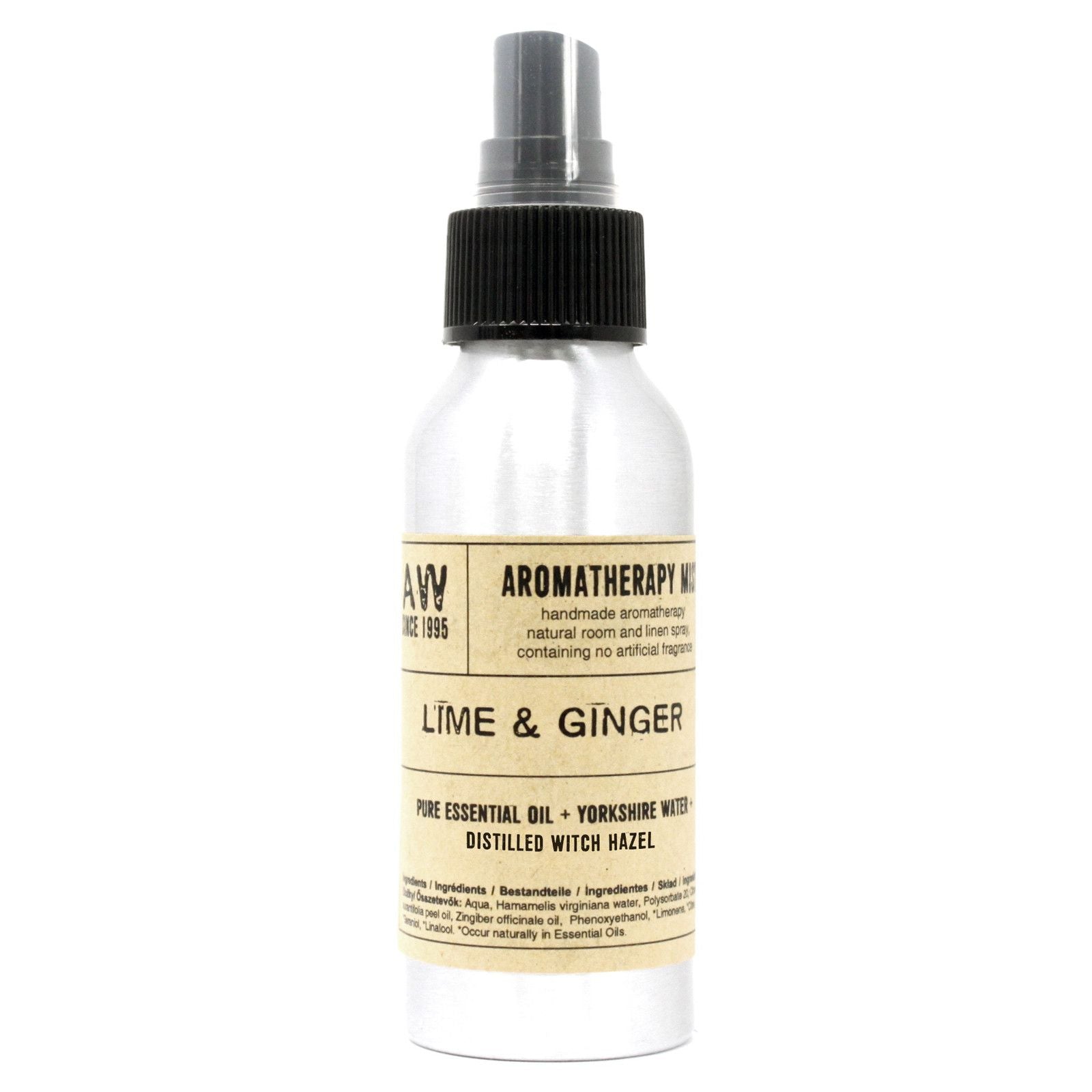 “Brushed-aluminium spray bottle with black atomiser labelled ‘Aromatherapy Mist—Lime & Ginger’; a natural room and linen spray made with Yorkshire water, distilled witch hazel, lime peel and ginger root essential oils.