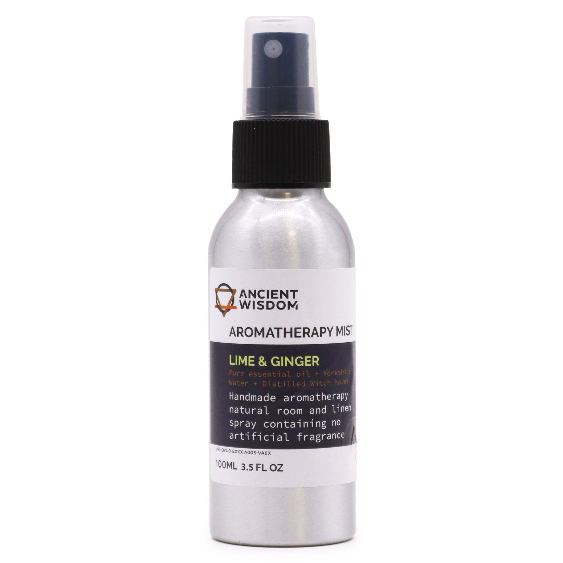 “Brushed-aluminium spray bottle with black atomiser labelled ‘Aromatherapy Mist—Lime & Ginger’; a natural room and linen spray made with Yorkshire water, distilled witch hazel, lime peel and ginger root essential oils.