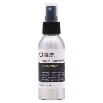 “Brushed-aluminium spray bottle with black atomiser labelled ‘Aromatherapy Mist—Lime & Ginger’; a natural room and linen spray made with Yorkshire water, distilled witch hazel, lime peel and ginger root essential oils.
