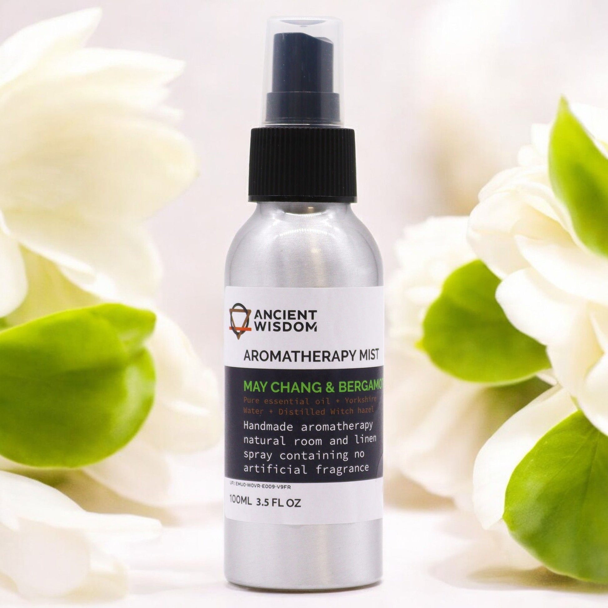 Brushed-aluminium spray bottle with black atomiser labelled ‘Aromatherapy Mist—May Chang & Bergamot’; a natural room and linen spray made with Yorkshire water, distilled witch hazel and pure essential oils.