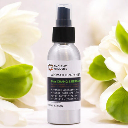 Brushed-aluminium spray bottle with black atomiser labelled ‘Aromatherapy Mist—May Chang & Bergamot’; a natural room and linen spray made with Yorkshire water, distilled witch hazel and pure essential oils.
