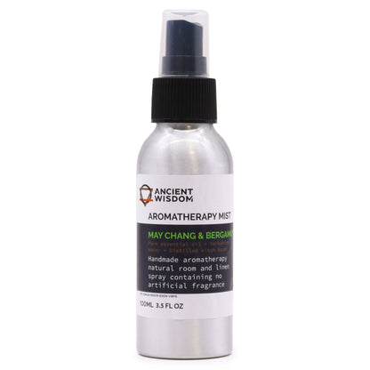 Brushed-aluminium spray bottle with black atomiser labelled ‘Aromatherapy Mist—May Chang & Bergamot’; a natural room and linen spray made with Yorkshire water, distilled witch hazel and pure essential oils.