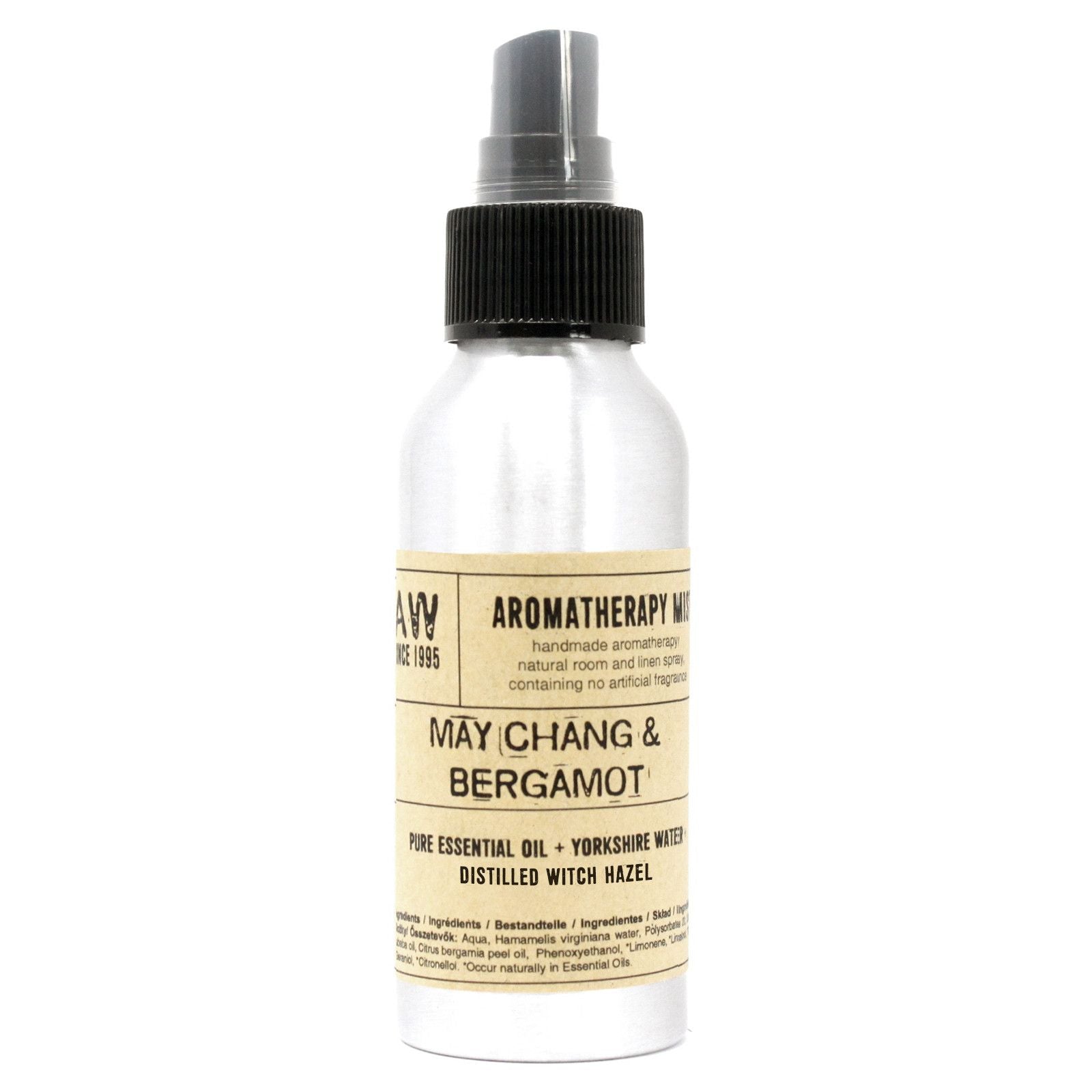 Brushed-aluminium spray bottle with black atomiser labelled ‘Aromatherapy Mist—May Chang & Bergamot’; a natural room and linen spray made with Yorkshire water, distilled witch hazel and pure essential oils.