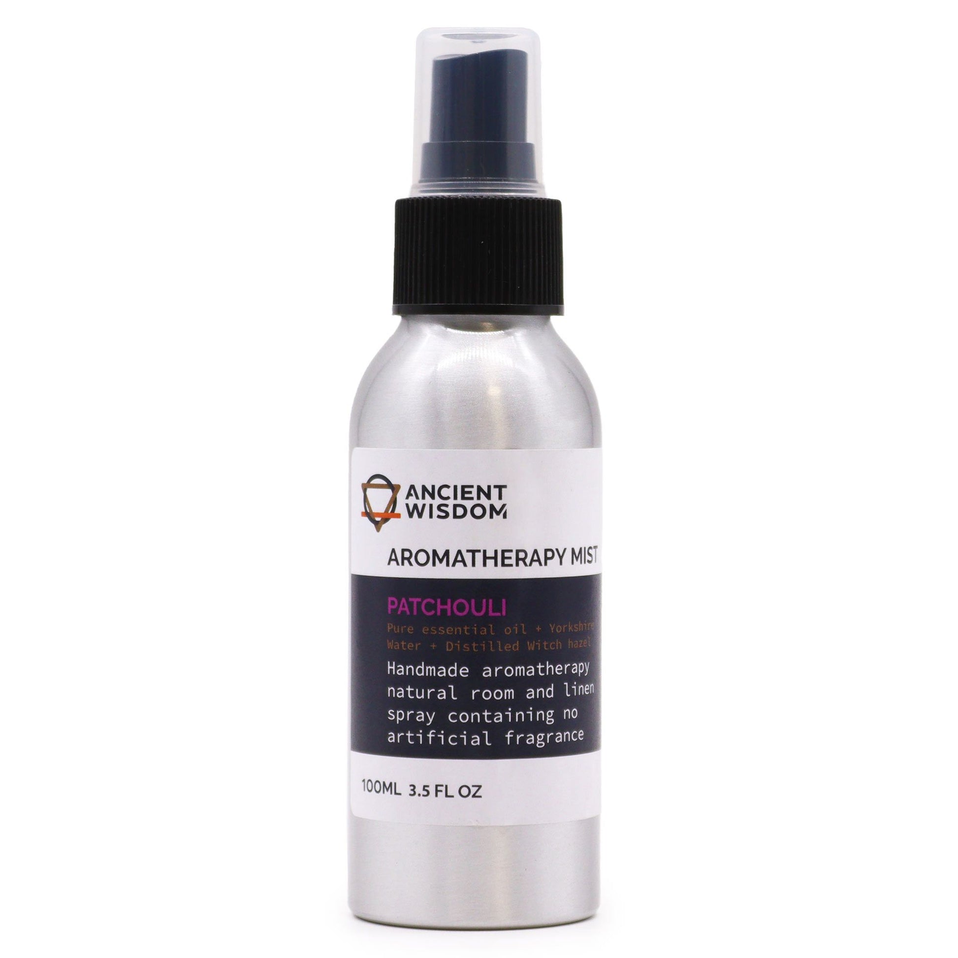 Brushed-aluminium spray bottle with black atomiser labelled ‘Aromatherapy Mist—Patchouli’; a natural room and linen spray made with Yorkshire water, distilled witch hazel and patchouli essential oil.