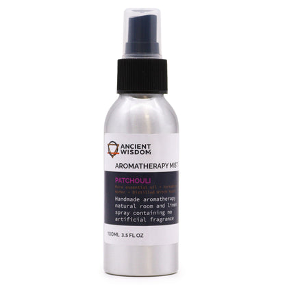Brushed-aluminium spray bottle with black atomiser labelled ‘Aromatherapy Mist—Patchouli’; a natural room and linen spray made with Yorkshire water, distilled witch hazel and patchouli essential oil.