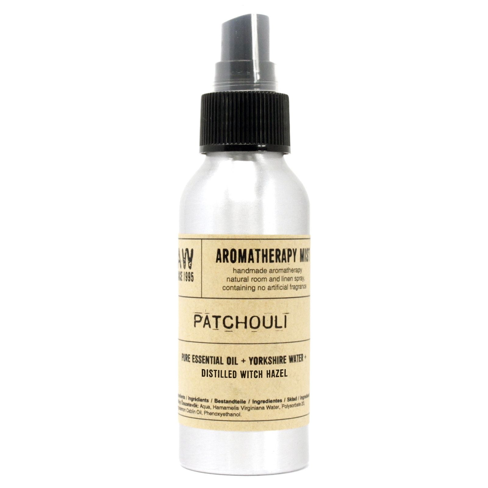 Brushed-aluminium spray bottle with black atomiser labelled ‘Aromatherapy Mist—Patchouli’; a natural room and linen spray made with Yorkshire water, distilled witch hazel and patchouli essential oil.
