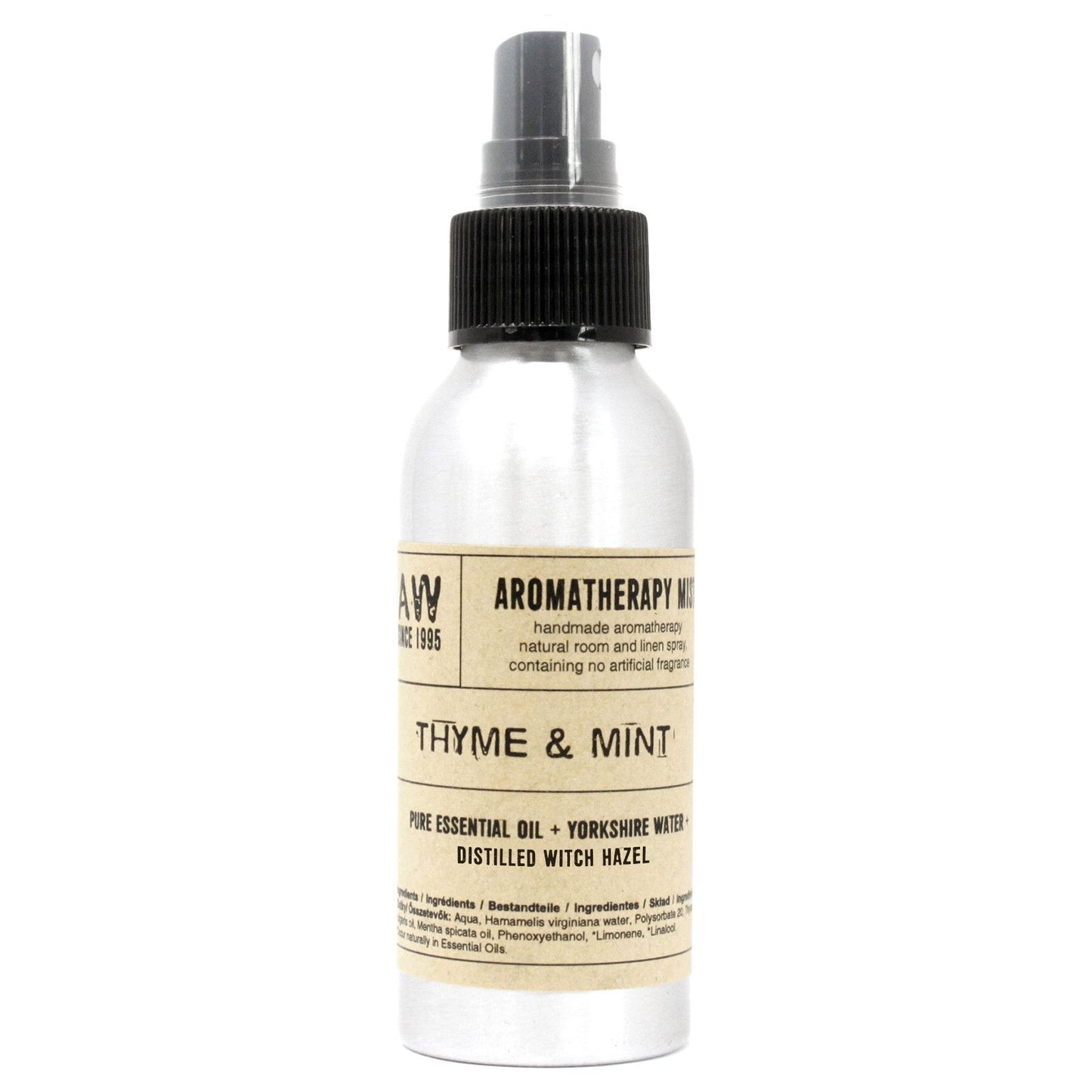 Brushed-aluminium spray bottle with black atomiser labelled ‘Aromatherapy Mist—Thyme & Mint’; a natural room and linen spray made with Yorkshire water, distilled witch hazel, thyme and spearmint essential oils.