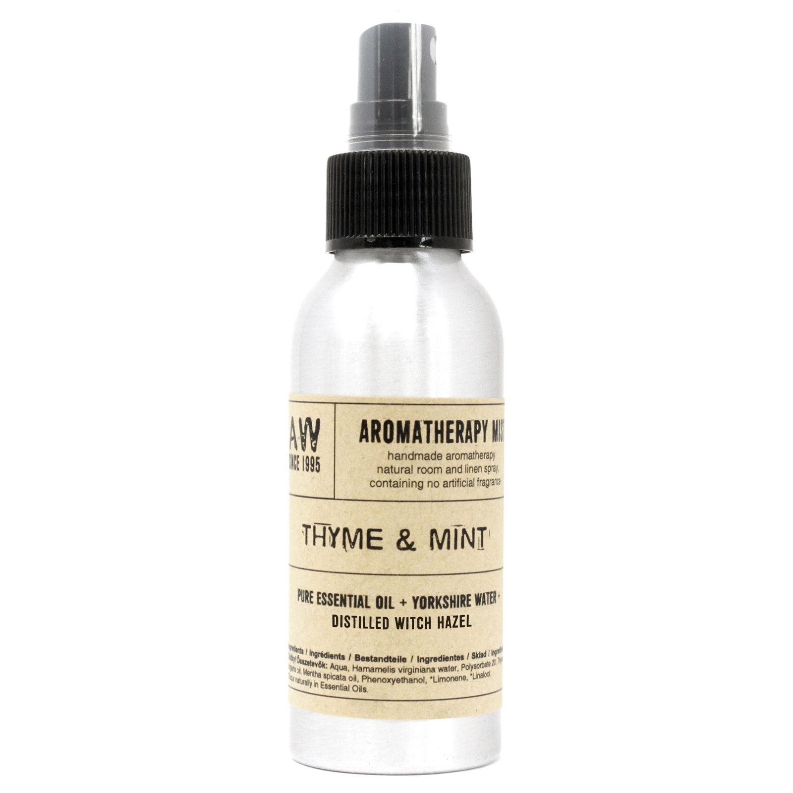 Brushed-aluminium spray bottle with black atomiser labelled ‘Aromatherapy Mist—Thyme & Mint’; a natural room and linen spray made with Yorkshire water, distilled witch hazel, thyme and spearmint essential oils.