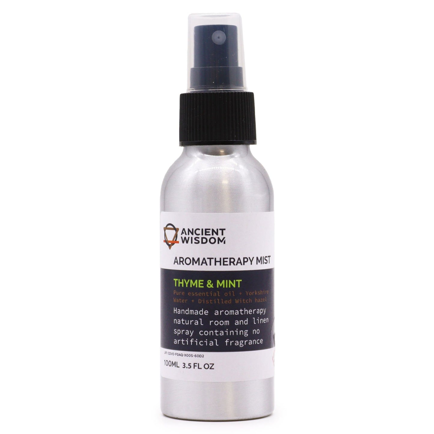 Brushed-aluminium spray bottle with black atomiser labelled ‘Aromatherapy Mist—Thyme & Mint’; a natural room and linen spray made with Yorkshire water, distilled witch hazel, thyme and spearmint essential oils.