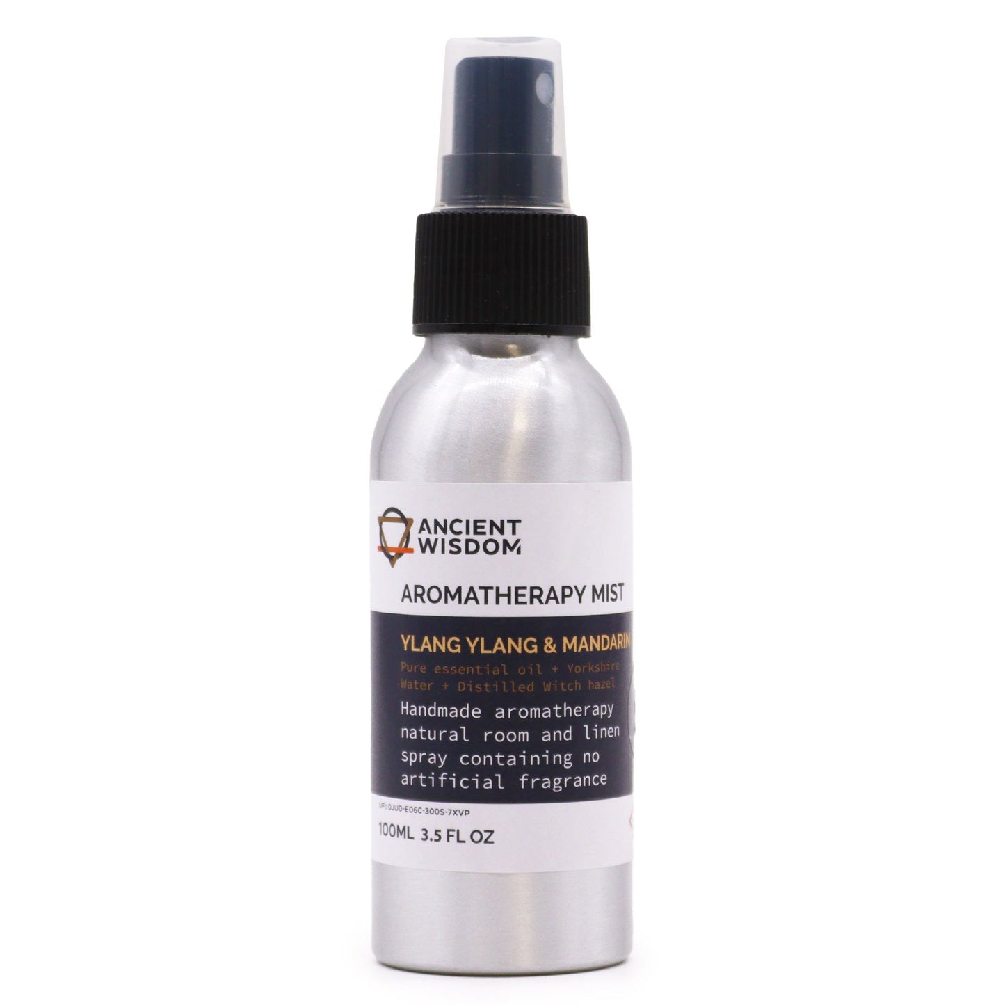 Brushed-aluminium spray bottle with black atomiser labelled ‘Aromatherapy Mist—Ylang Ylang & Mandarin’; a natural room and linen spray made with Yorkshire water, distilled witch hazel, ylang ylang flower and mandarin peel essential oils.