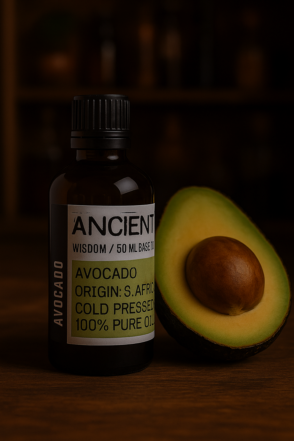 Amber glass bottle with black cap labelled ‘Avocado—cold-pressed’; a dark-to-light green Persea gratissima oil from South Africa with a mild fruity-nutty aroma and creamy, slow-absorbing glide.