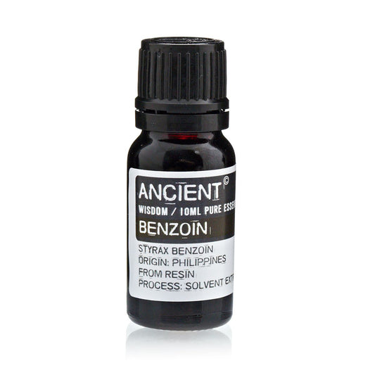 Dark 10 ml bottle labelled ‘Benzoin—pure resin extract’, a honey‑thick, vanilla‑balsamic aroma used as a comforting base note and natural fixative.