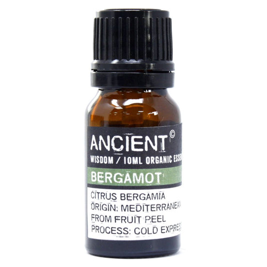 10 ml amber glass bottle labelled ‘Bergamot—organic essential oil’; cold-pressed peel oil with bright citrus-floral aroma