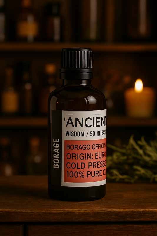 Amber glass bottle with black cap labelled ‘Borage—cold-pressed’; a light-yellow Borago officinalis seed oil from Europe with very little scent and a thin-to-medium glide, used as an omega-rich booster for serums, balms and massage oils
