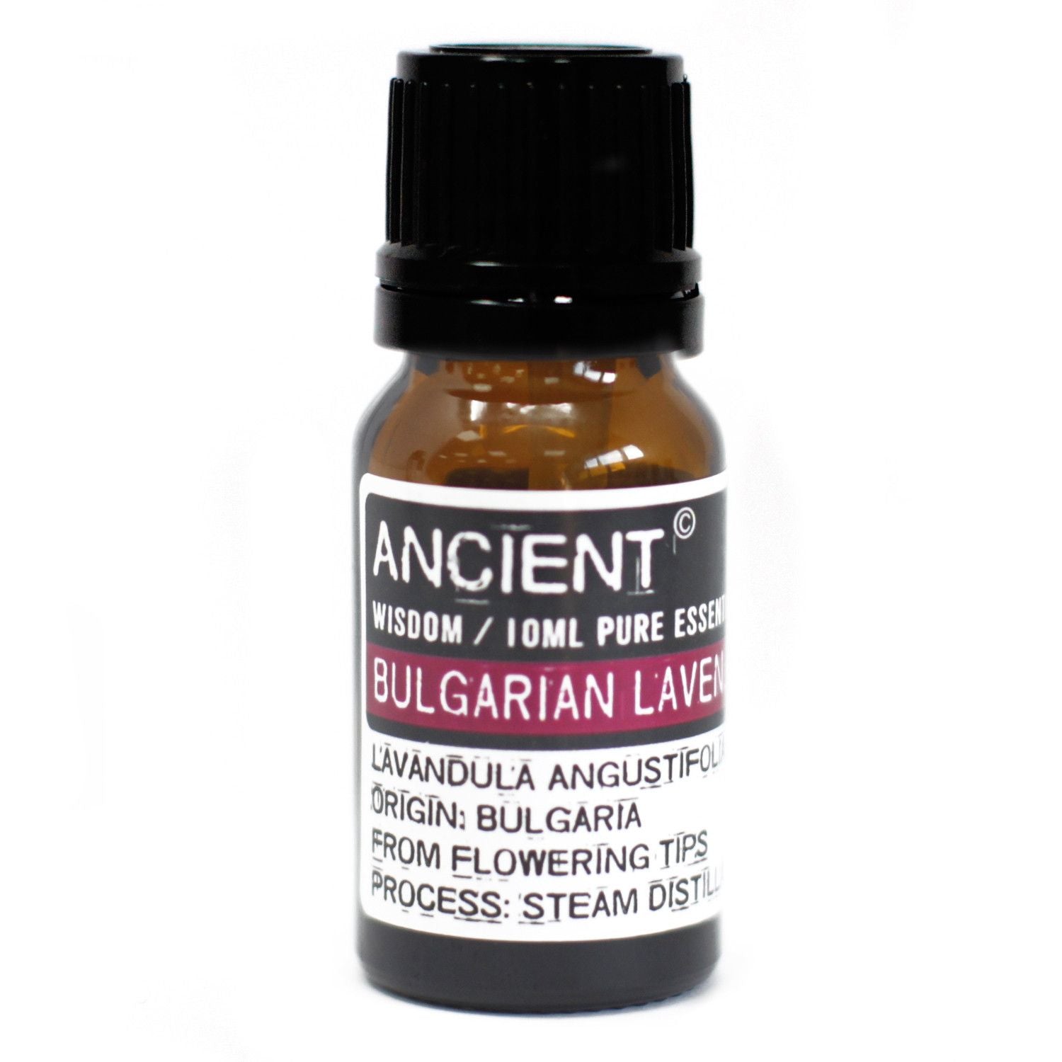 Amber 10 ml bottle labelled ‘Bulgarian Lavender—pure essential oil’, steam-distilled from flowering tips; a soft, sweet-herbaceous aroma for rest and skin comfort.