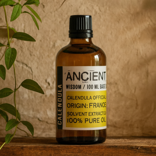 100ml amber bottle of calendula infused in sunflower seed oil, made in France.