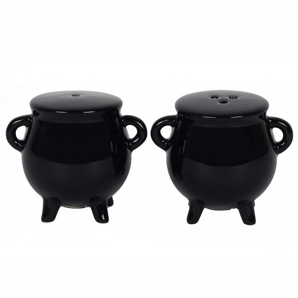 Front view of the mini cauldron salt & pepper shakers on a white background.