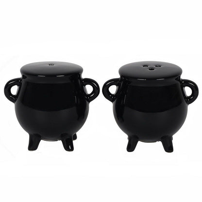 Front view of the mini cauldron salt & pepper shakers on a white background.