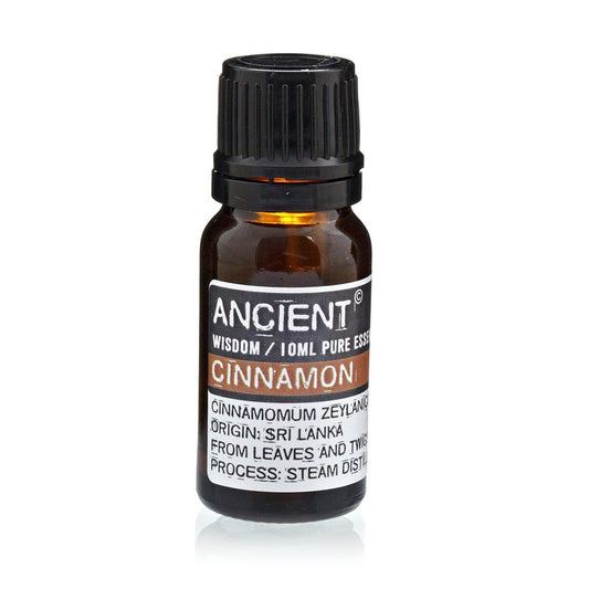 Amber 10 ml bottle labelled ‘Cinnamon—pure essential oil’, a steam‑distilled cinnamon leaf oil with warm, clove‑like spice for cosy diffusers and seasonal room sprays.
