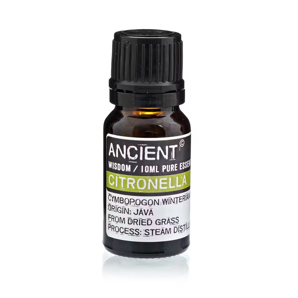 Amber 10 ml bottle labelled ‘Citronella—pure essential oil’, a steam‑distilled grassy‑citrus aroma used in insect‑repelling sprays and refreshing outdoor blends.