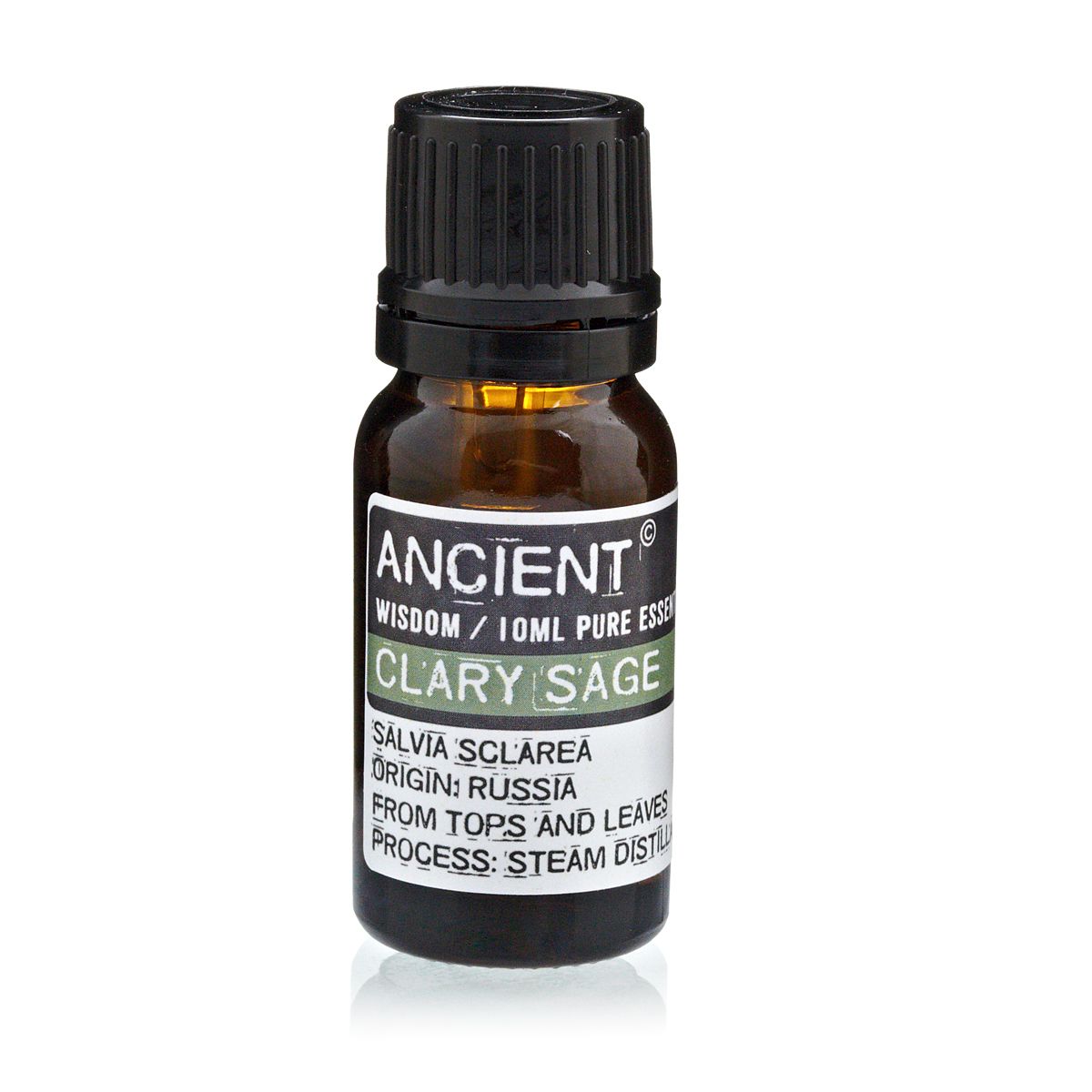 Amber 10 ml bottle labelled ‘Clary Sage—pure essential oil’, a steam‑distilled, herb‑sweet aroma with hay‑honey undertones used in calming diffusers and balancing blends.