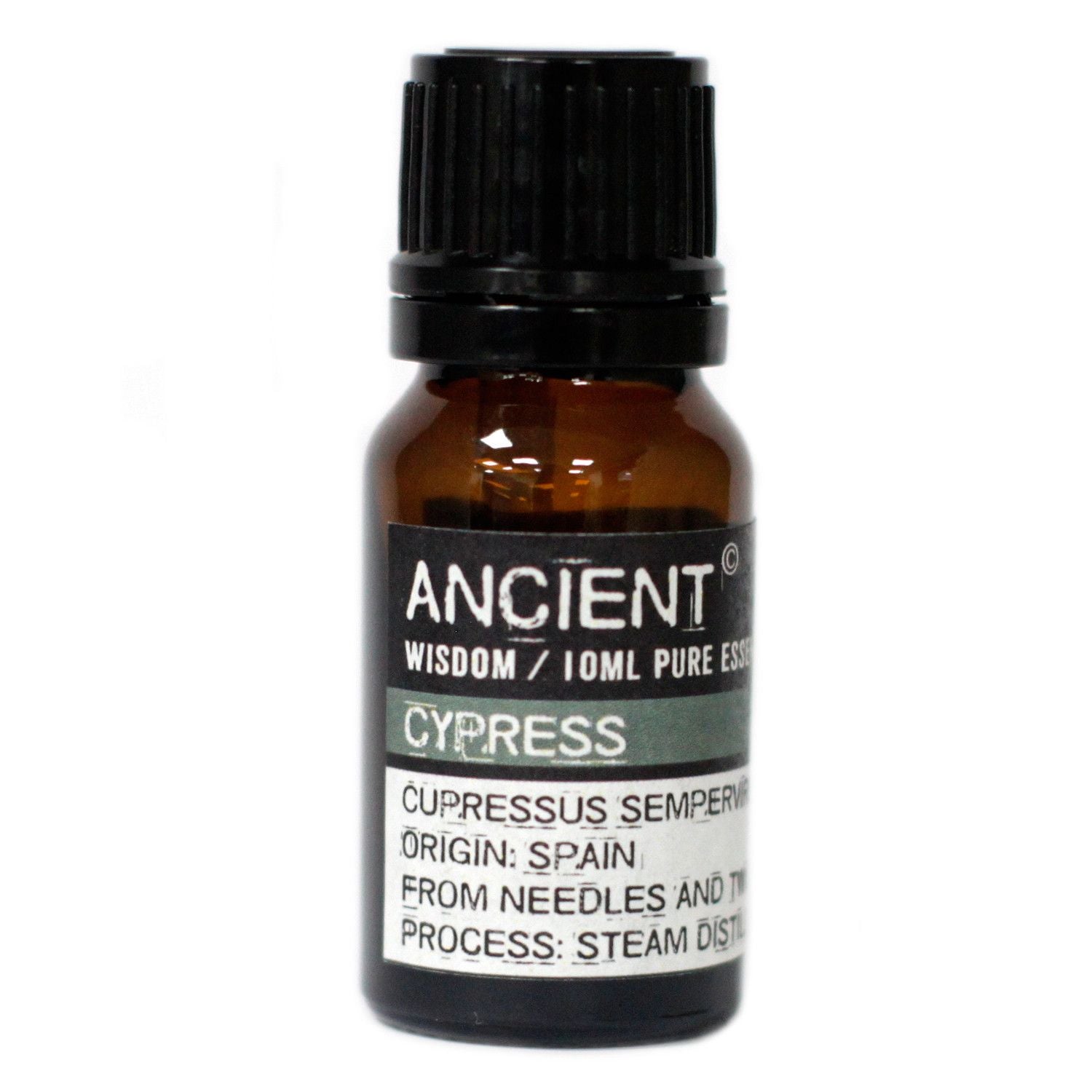 Amber 10 ml bottle labelled ‘Cypress—pure essential oil’, a steam‑distilled, cool resin‑fresh aroma from needles and twigs for grounding forest blends.