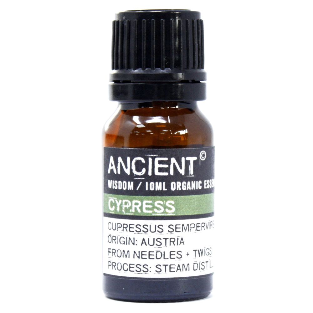 Amber 10 ml bottle labelled ‘Cypress—organic, steam-distilled’; fresh evergreen essential oil for diffuser and blends.