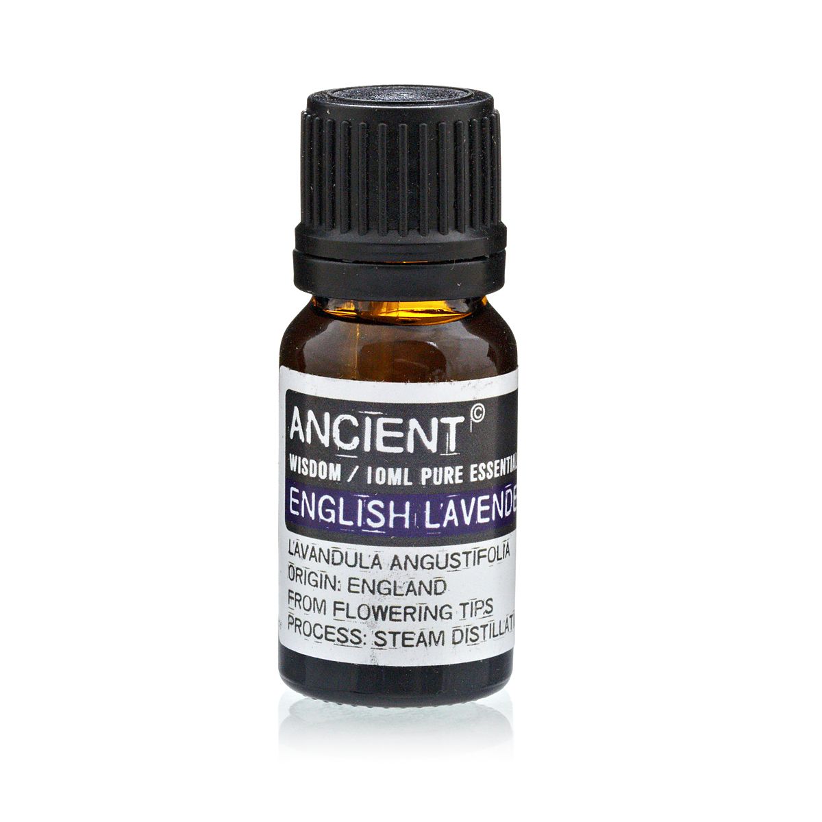 A 10 ml amber glass bottle of English Lavender essential oil with a black cap