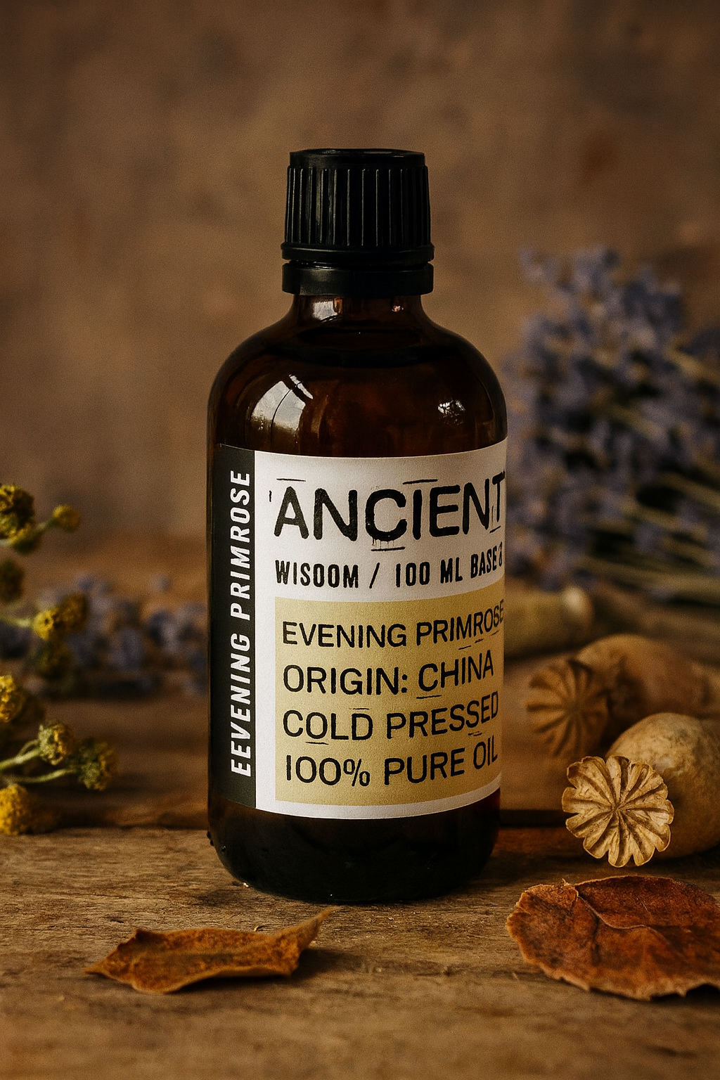 Amber glass bottle with black cap labelled ‘Evening Primrose—cold-pressed’; light golden Oenothera biennis seed oil with a mild, nutty scent for face and body blends.